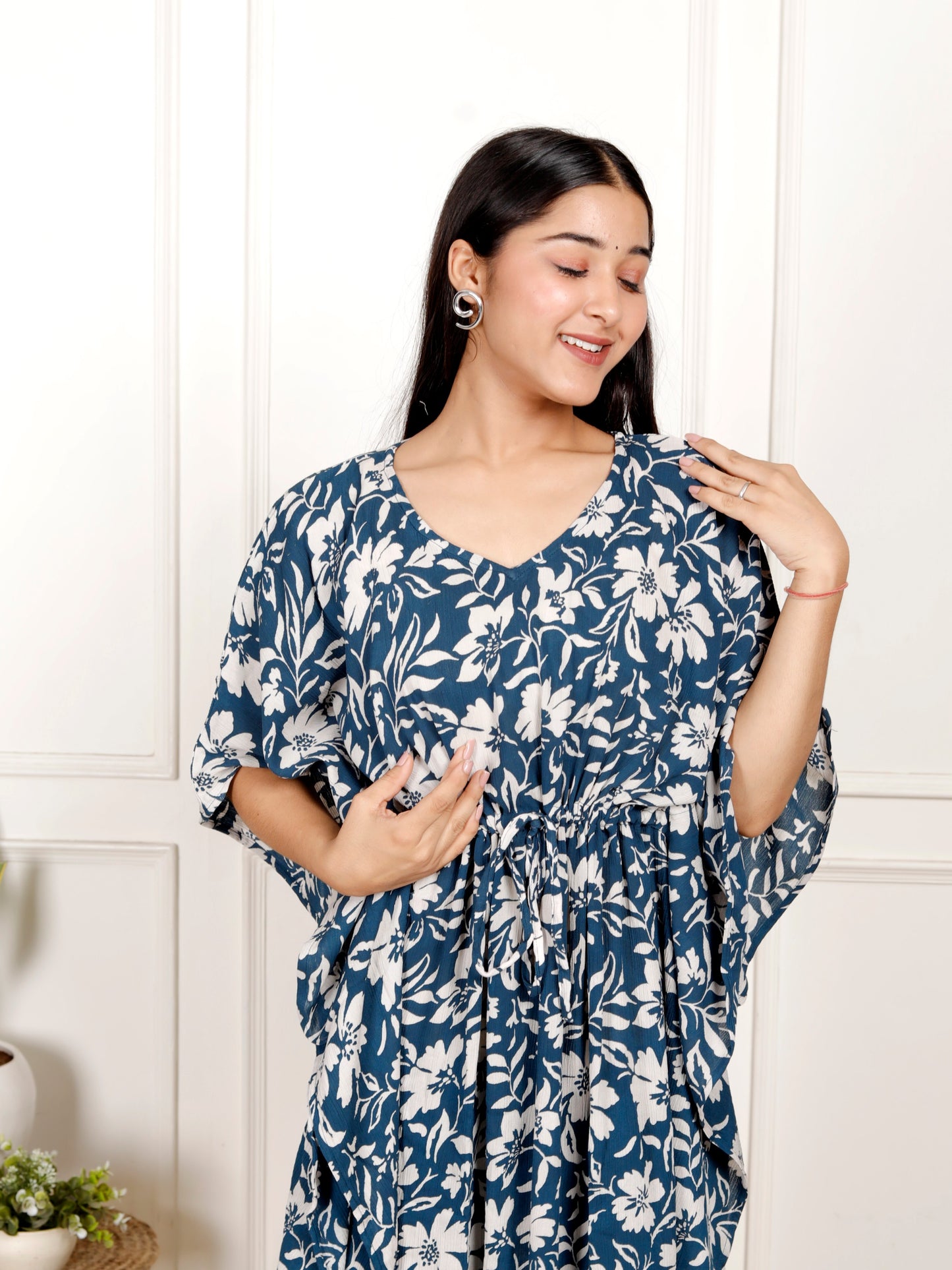 Sakura Women's Navy Blue & Ivory Floral Print Kaftan Dress in Liva Rayon Crepe