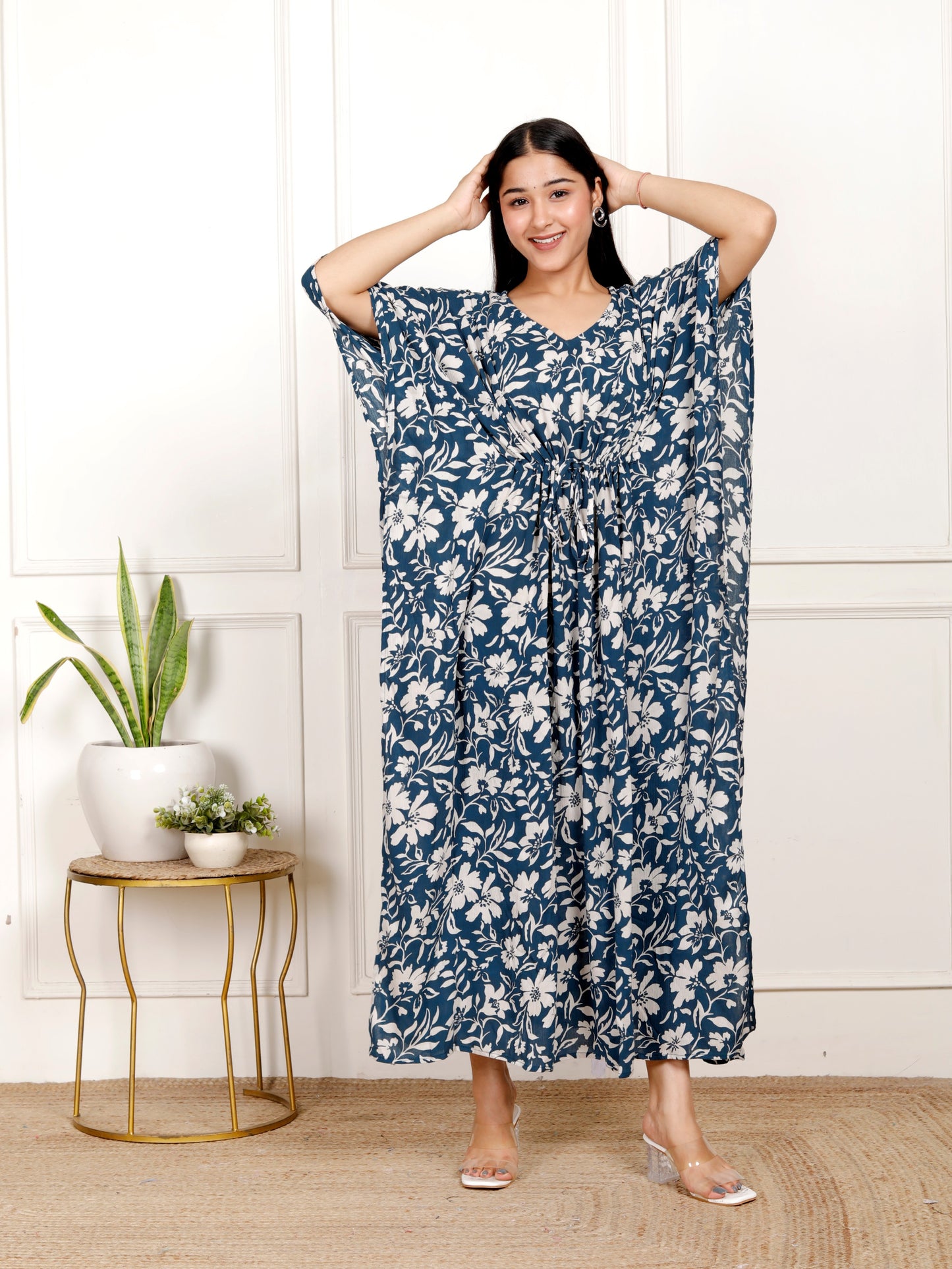 Sakura Women's Navy Blue & Ivory Floral Print Kaftan Dress in Liva Rayon Crepe