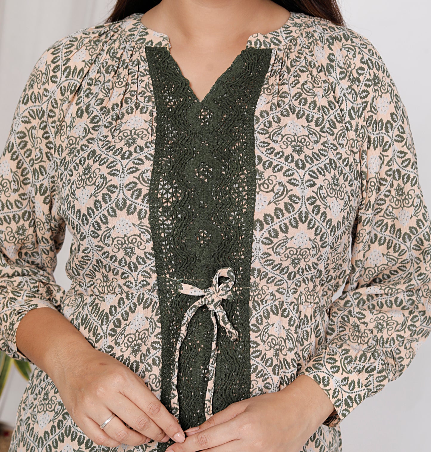 Sakura Women's Printed Rayon Crepe Top with Lace Panel & Waist Tie-Up