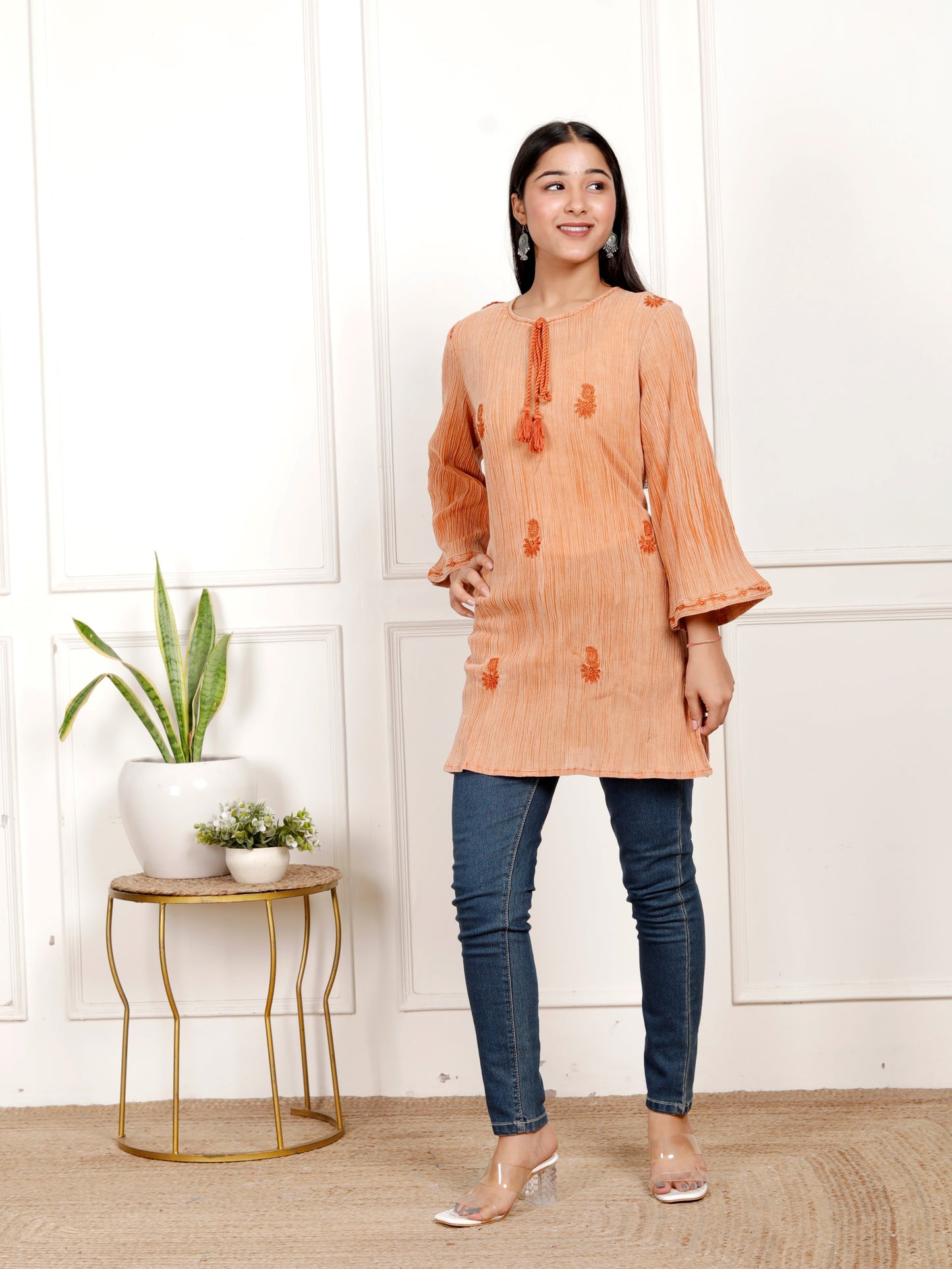 Sakura Women's Rust Orange Stone-Washed Cotton Crepe Embroidered Tunic with Tassel Detail