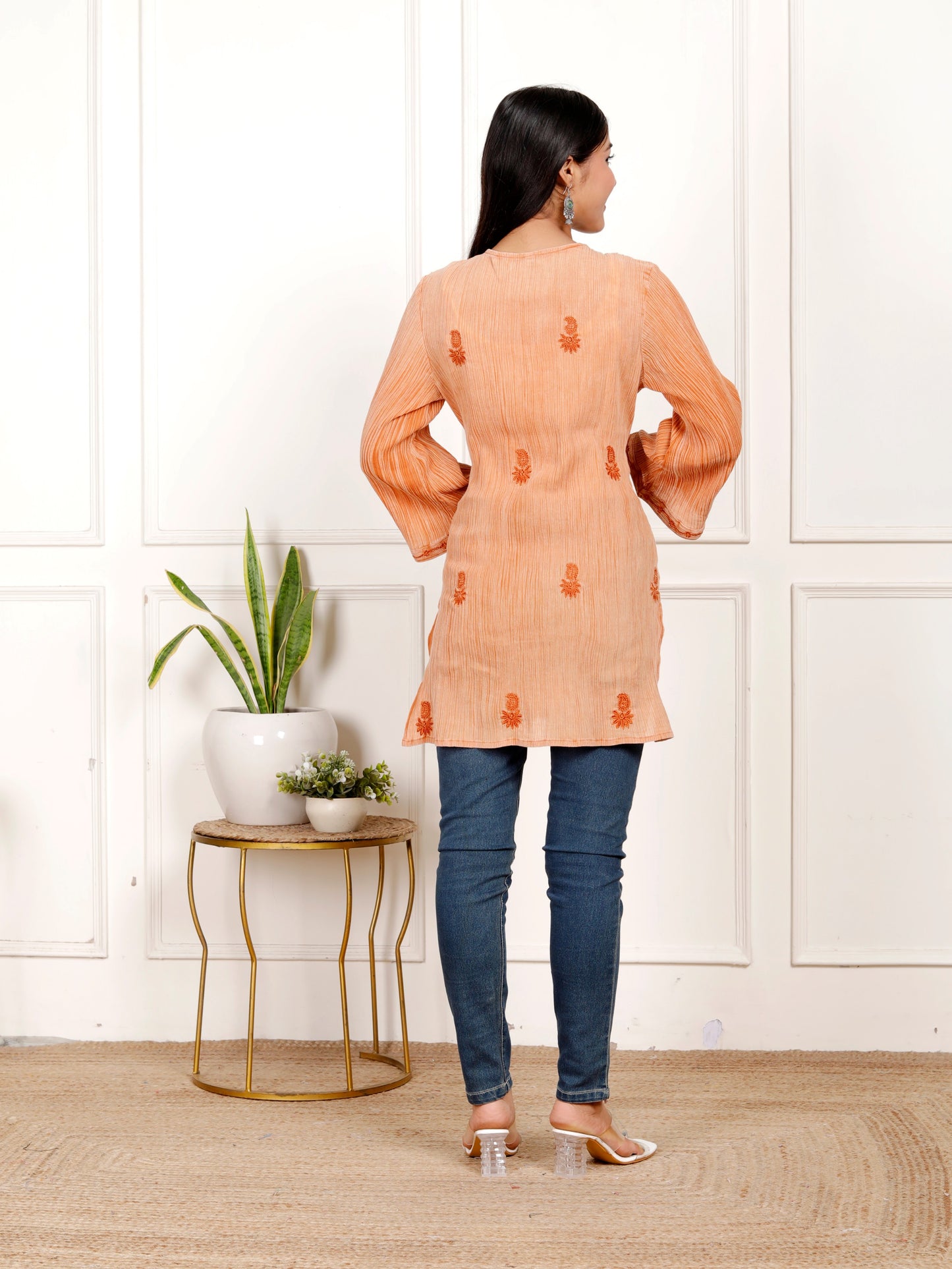 Sakura Women's Rust Orange Stone-Washed Cotton Crepe Embroidered Tunic with Tassel Detail