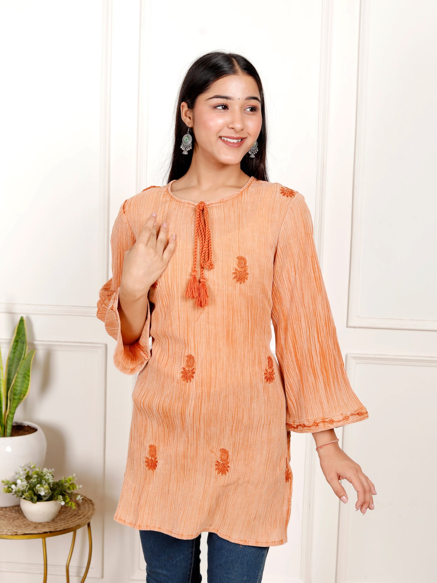 Sakura Women's Rust Orange Stone-Washed Cotton Crepe Embroidered Tunic with Tassel Detail