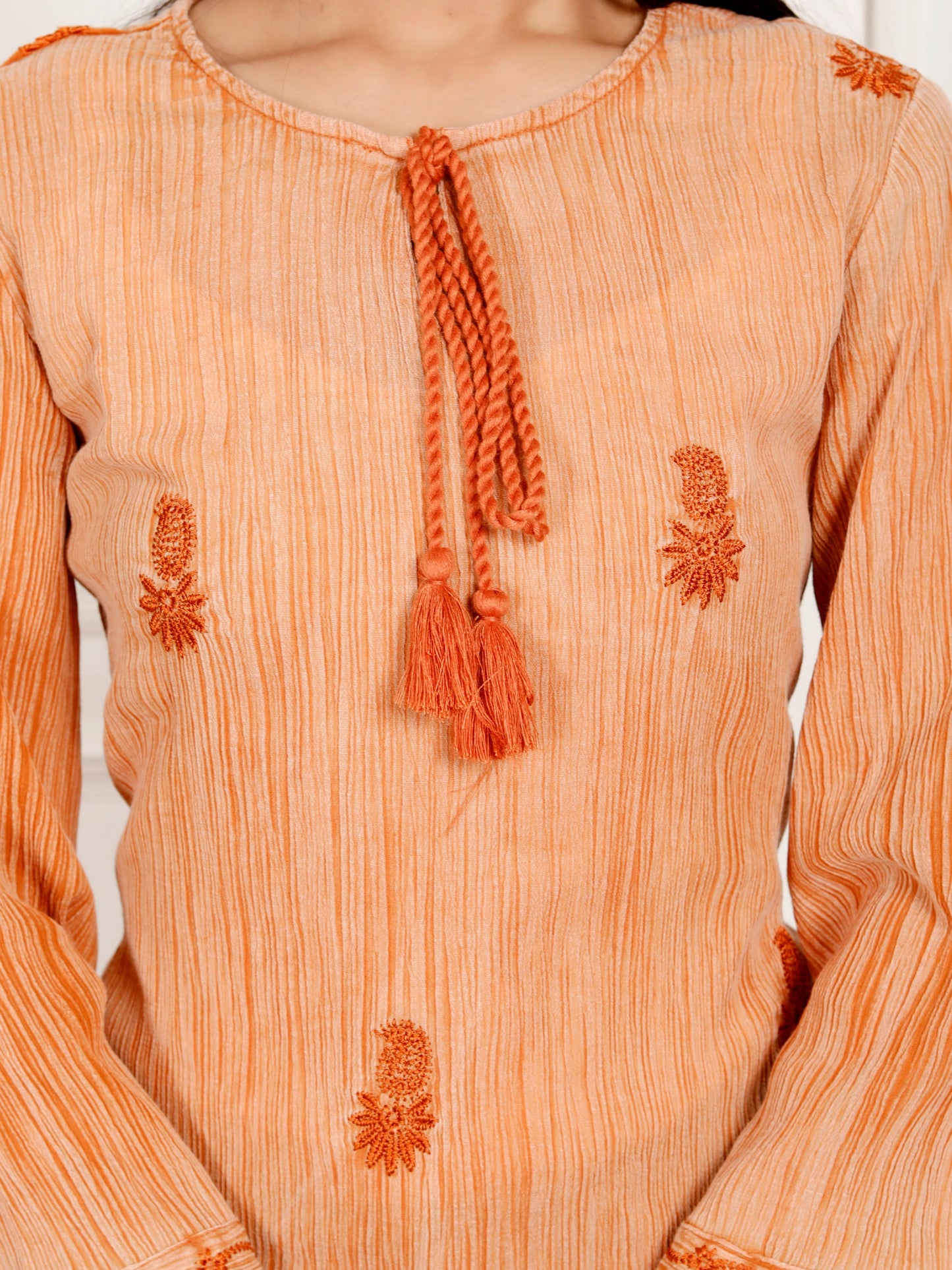 Sakura Women's Rust Orange Stone-Washed Cotton Crepe Embroidered Tunic with Tassel Detail