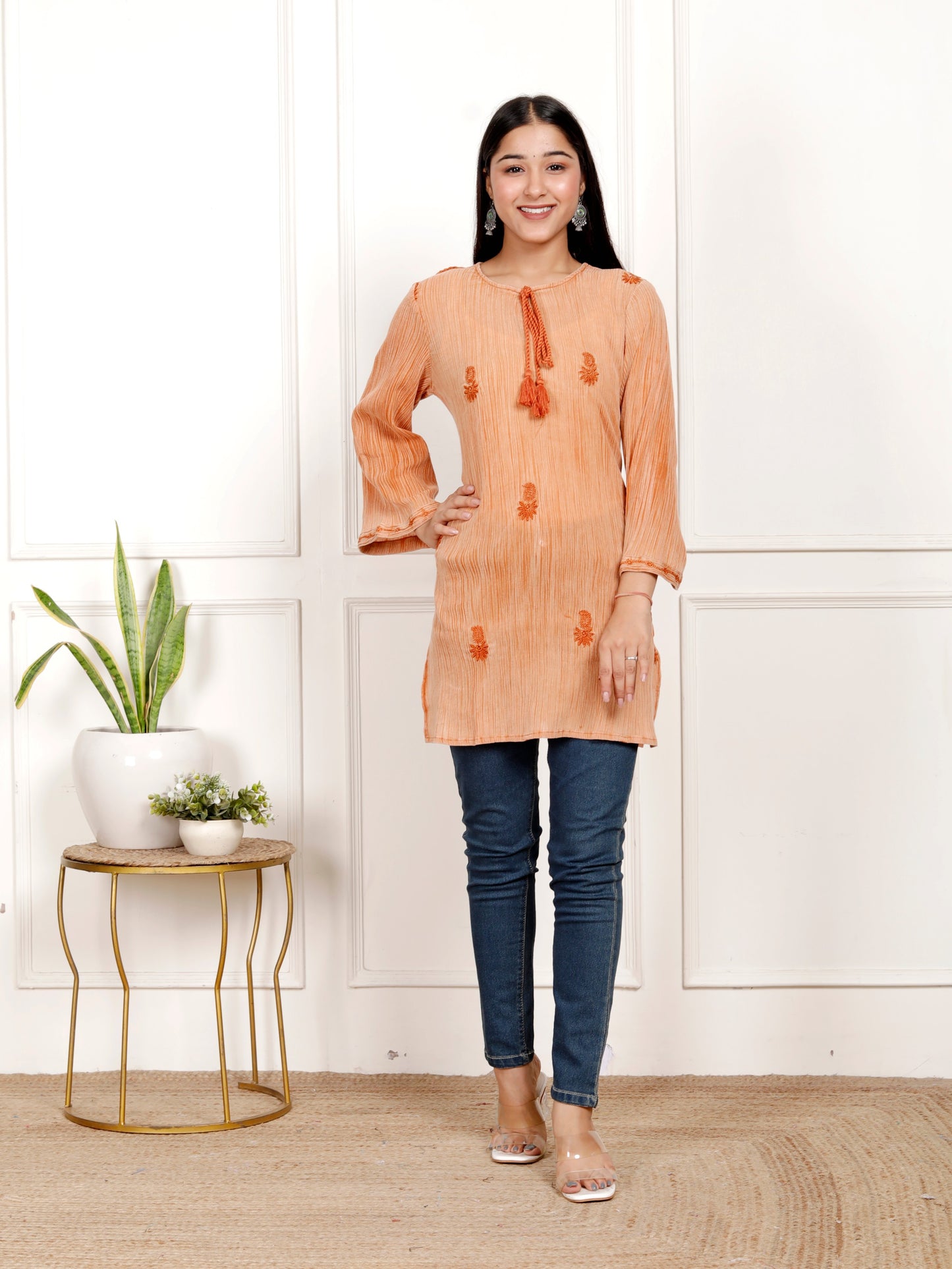 Sakura Women's Rust Orange Stone-Washed Cotton Crepe Embroidered Tunic with Tassel Detail
