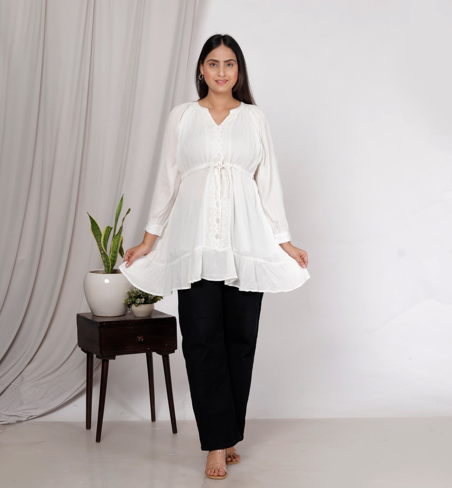 Sakura Women's White Rayon Crepe Top with Lace Detail, Waist Tie-Up & Cotton Lining