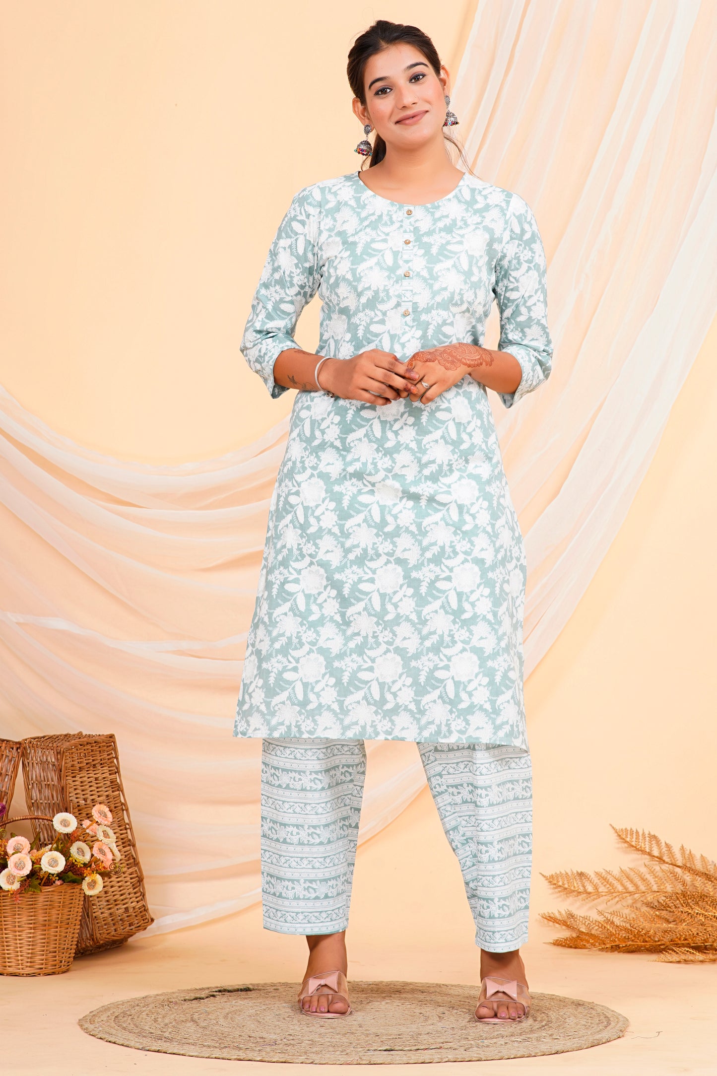 Sea Green Floral Print Cotton Kurta Palazzo Set for Women – 100% Cambric Cotton