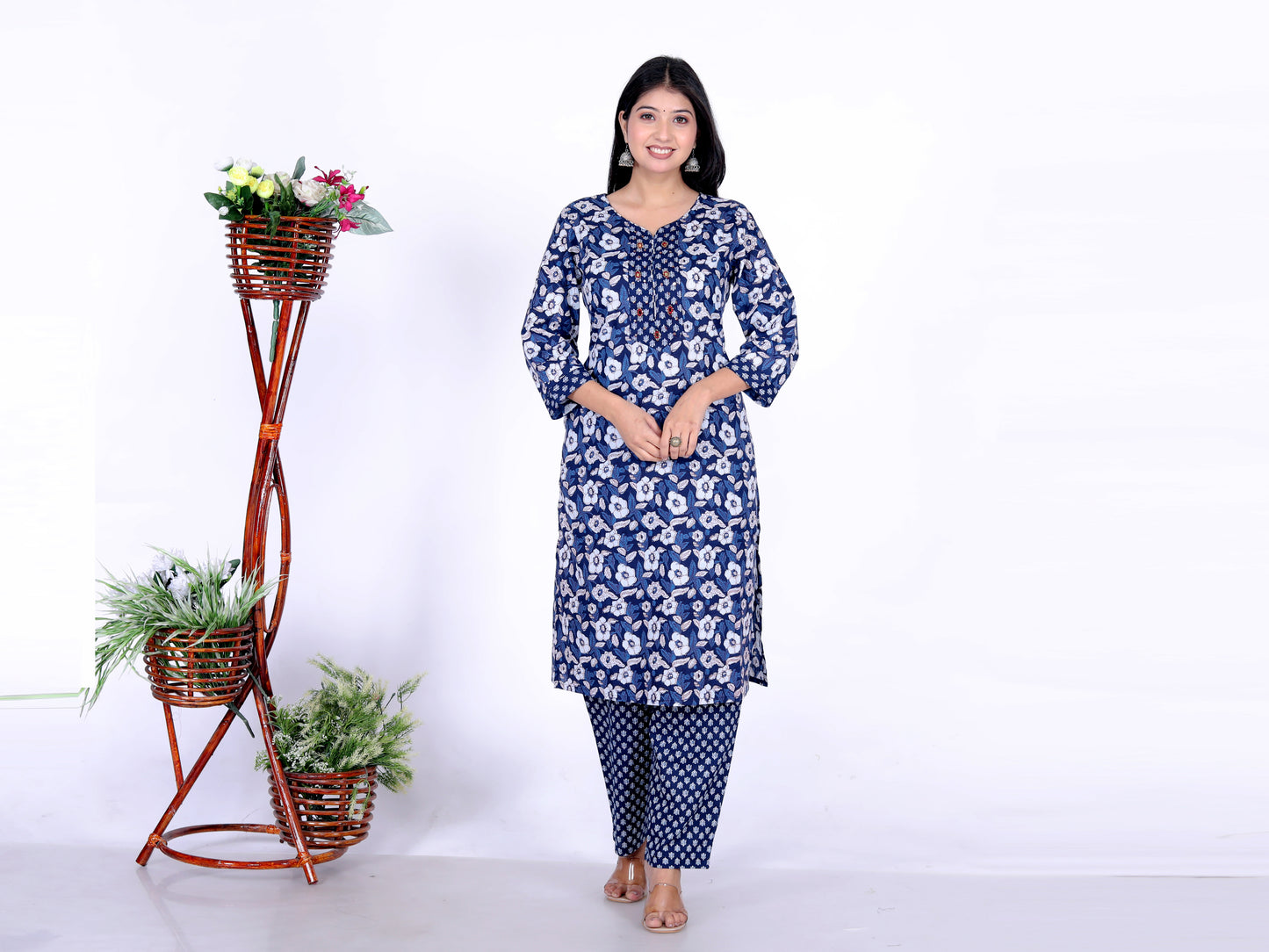 Women's Floral Blue Cotton Kurta with Hand-Embroidered Yoke and Palazzo Pants - 100% Cambric Cotton | Jaipur Ethnic Set