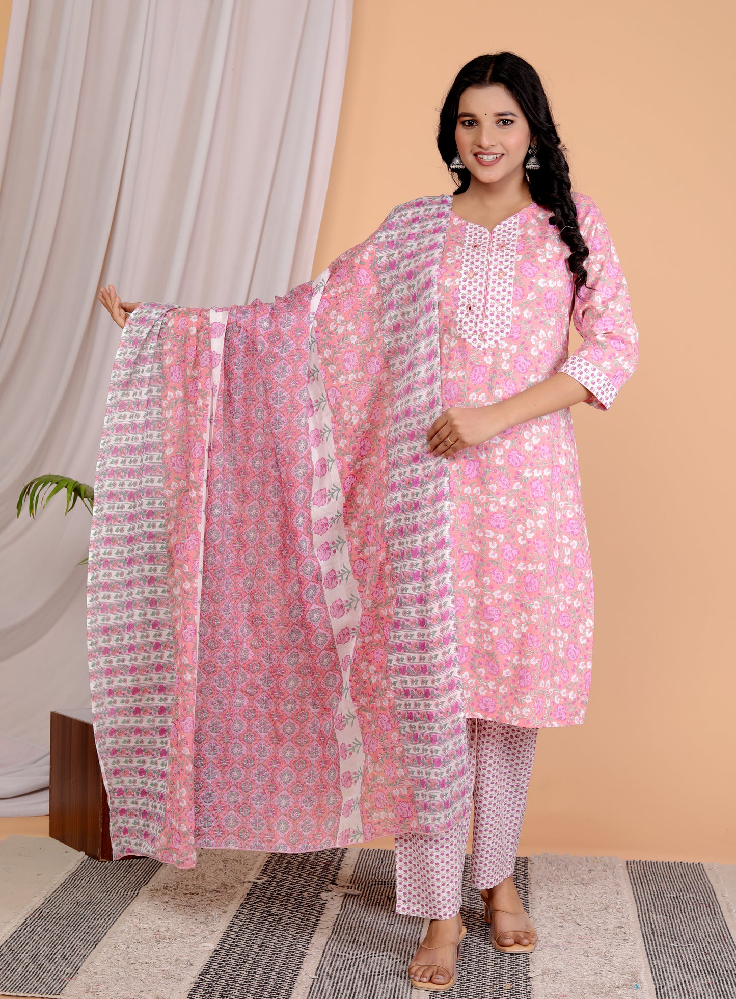 Sakura Women's Pink Floral 3-Piece Cotton Ethnic Set with Embroidered Kurta, Palazzo, and Dupatta