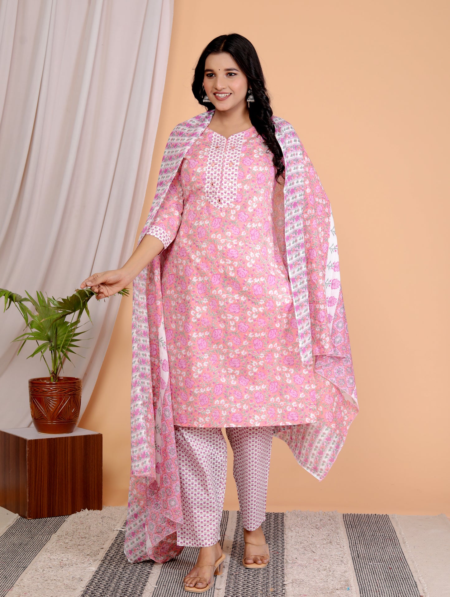 Sakura Women's Pink Floral 3-Piece Cotton Ethnic Set with Embroidered Kurta, Palazzo, and Dupatta