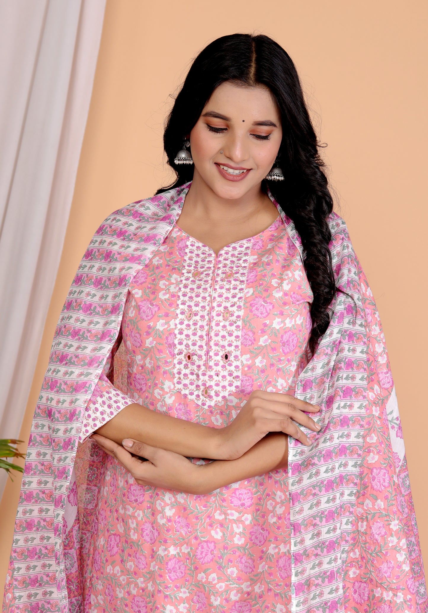 Sakura Women's Pink Floral 3-Piece Cotton Ethnic Set with Embroidered Kurta, Palazzo, and Dupatta