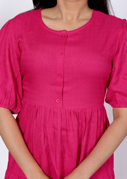 Solid Cotton Tiered Midi Dress with Puff Sleeves