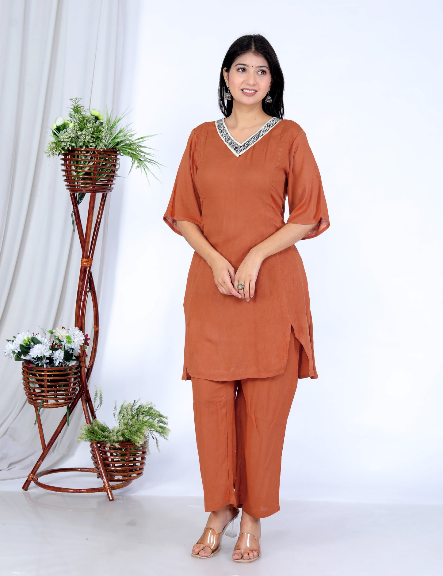 Rust Two-Piece Set in 100% Liva Rayon Crepe – Elegant Top & Bottomwear