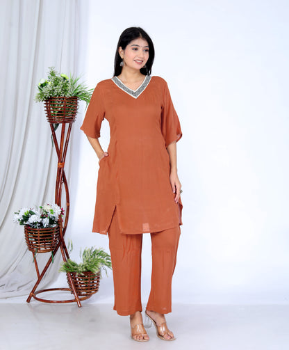 Rust Two-Piece Set in 100% Liva Rayon Crepe – Elegant Top & Bottomwear