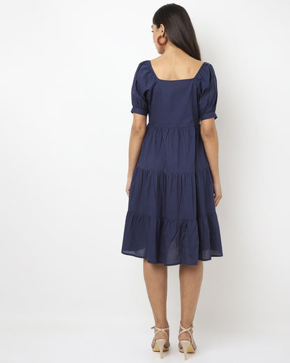 Square Neck Fit & Flare Dress with Button Closure