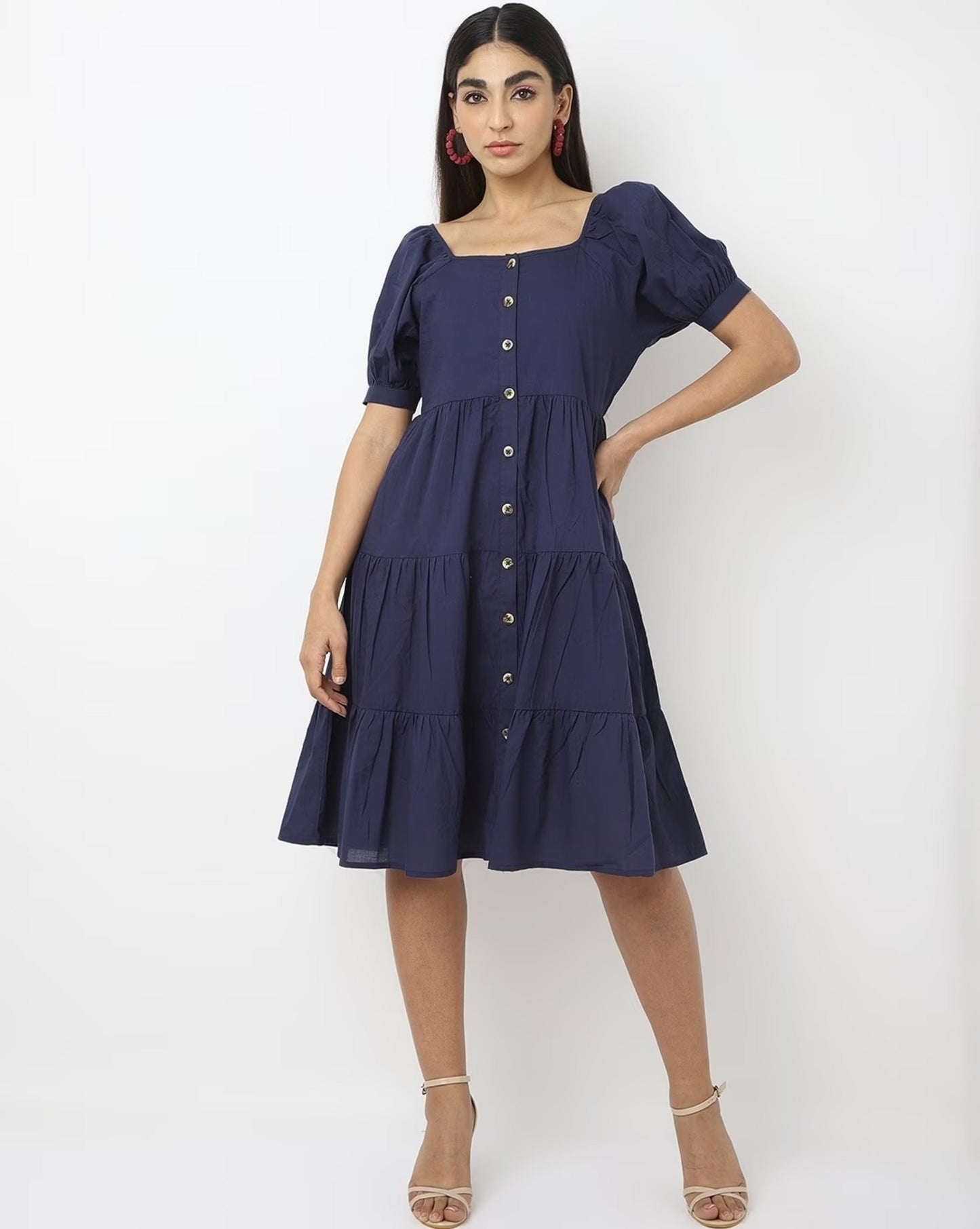 Square Neck Fit & Flare Dress with Button Closure