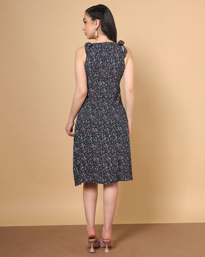 Floral Print A-Line Dress with Shoulder Tie-Ups