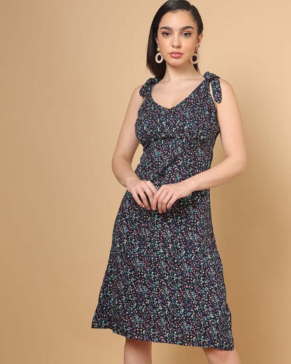 Floral Print A-Line Dress with Shoulder Tie-Ups