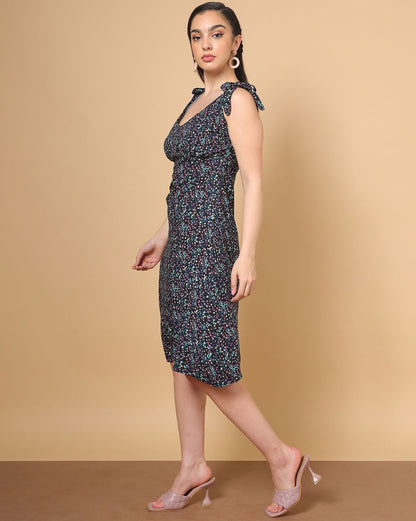 Floral Print A-Line Dress with Shoulder Tie-Ups