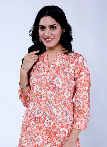 Sakura Floral Print 100% Cotton Straight Kurta with Palazzo Set for Women – Cambric Cotton, Pocket Design, Comfortable Fit