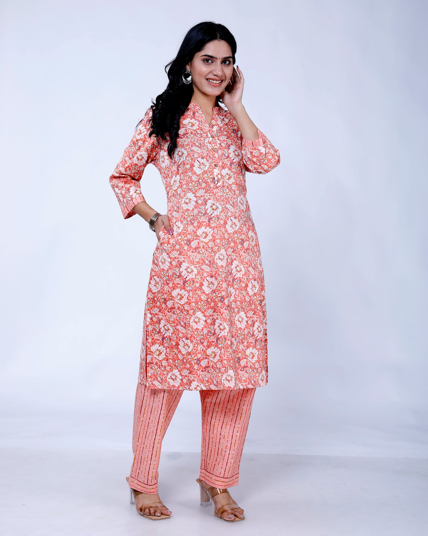 Sakura Floral Print 100% Cotton Straight Kurta with Palazzo Set for Women – Cambric Cotton, Pocket Design, Comfortable Fit