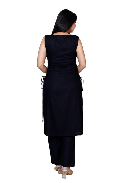 black Sleeveless Embroidered Kurta with Bottom Set - Sakura