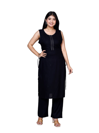 black Sleeveless Embroidered Kurta with Bottom Set - Sakura