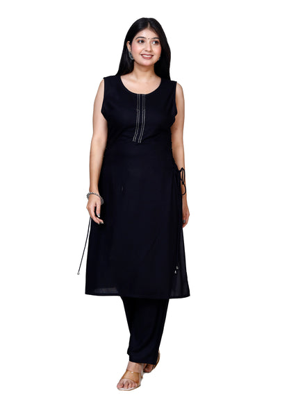 black Sleeveless Embroidered Kurta with Bottom Set - Sakura