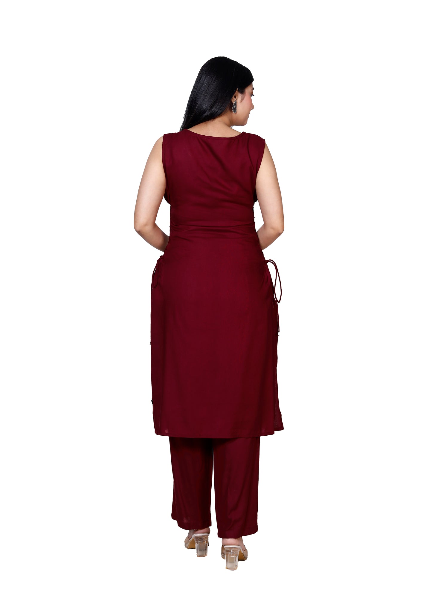 Wine Sleeveless Embroidered Kurta with Bottom Set - Sakura