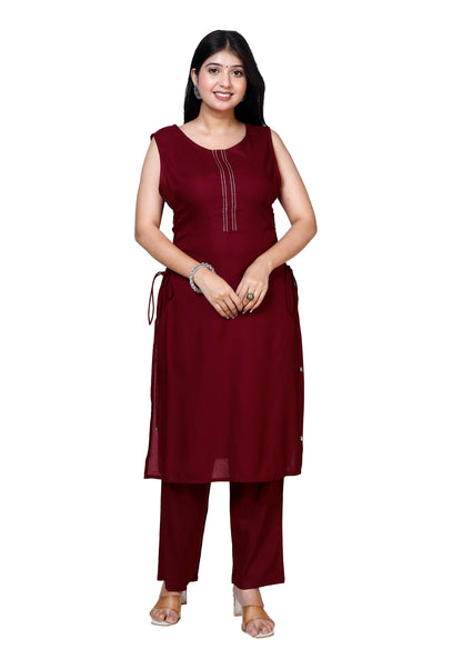 Wine Sleeveless Embroidered Kurta with Bottom Set - Sakura