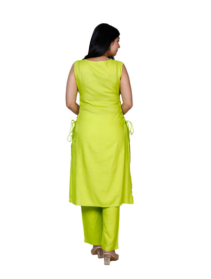 Lime Green Sleeveless Embroidered Kurta with Bottom Set - Sakura