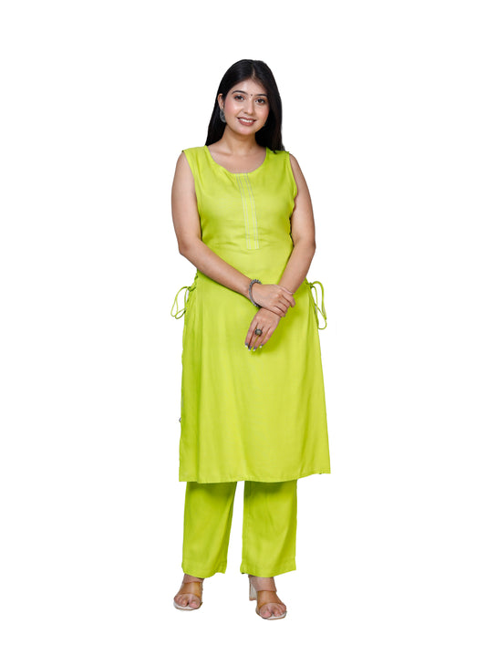 Lime Green Sleeveless Embroidered Kurta with Bottom Set - Sakura