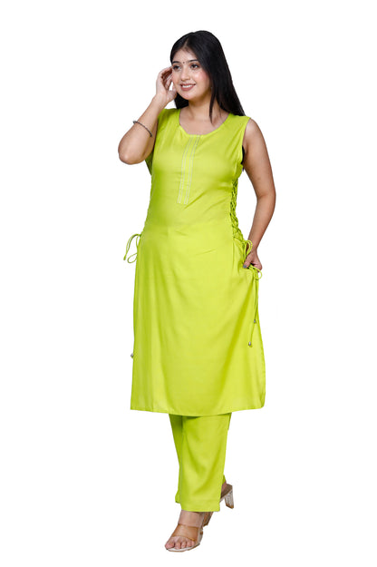 Lime Green Sleeveless Embroidered Kurta with Bottom Set - Sakura