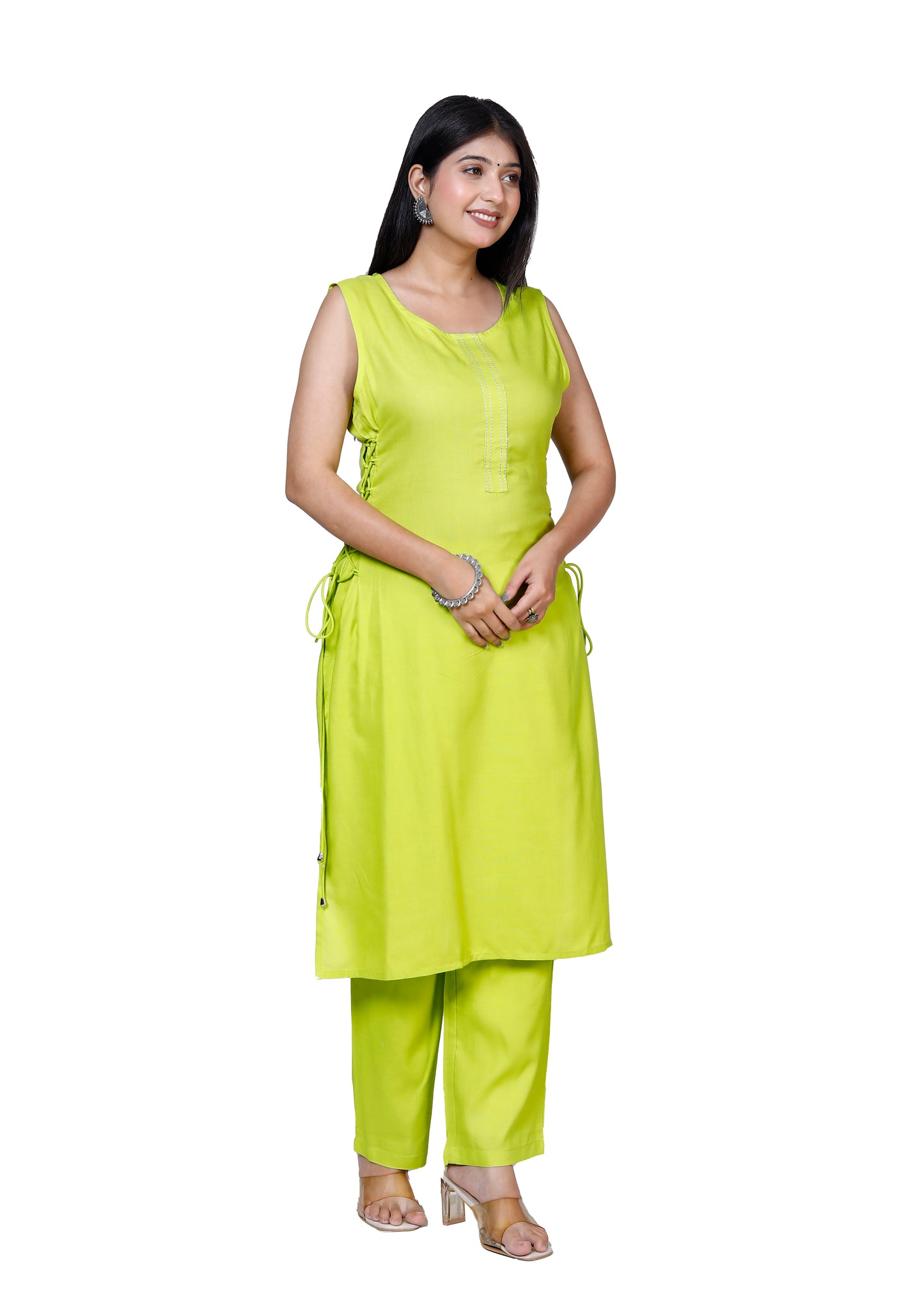 Lime Green Sleeveless Embroidered Kurta with Bottom Set - Sakura