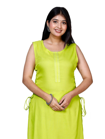 Lime Green Sleeveless Embroidered Kurta with Bottom Set - Sakura