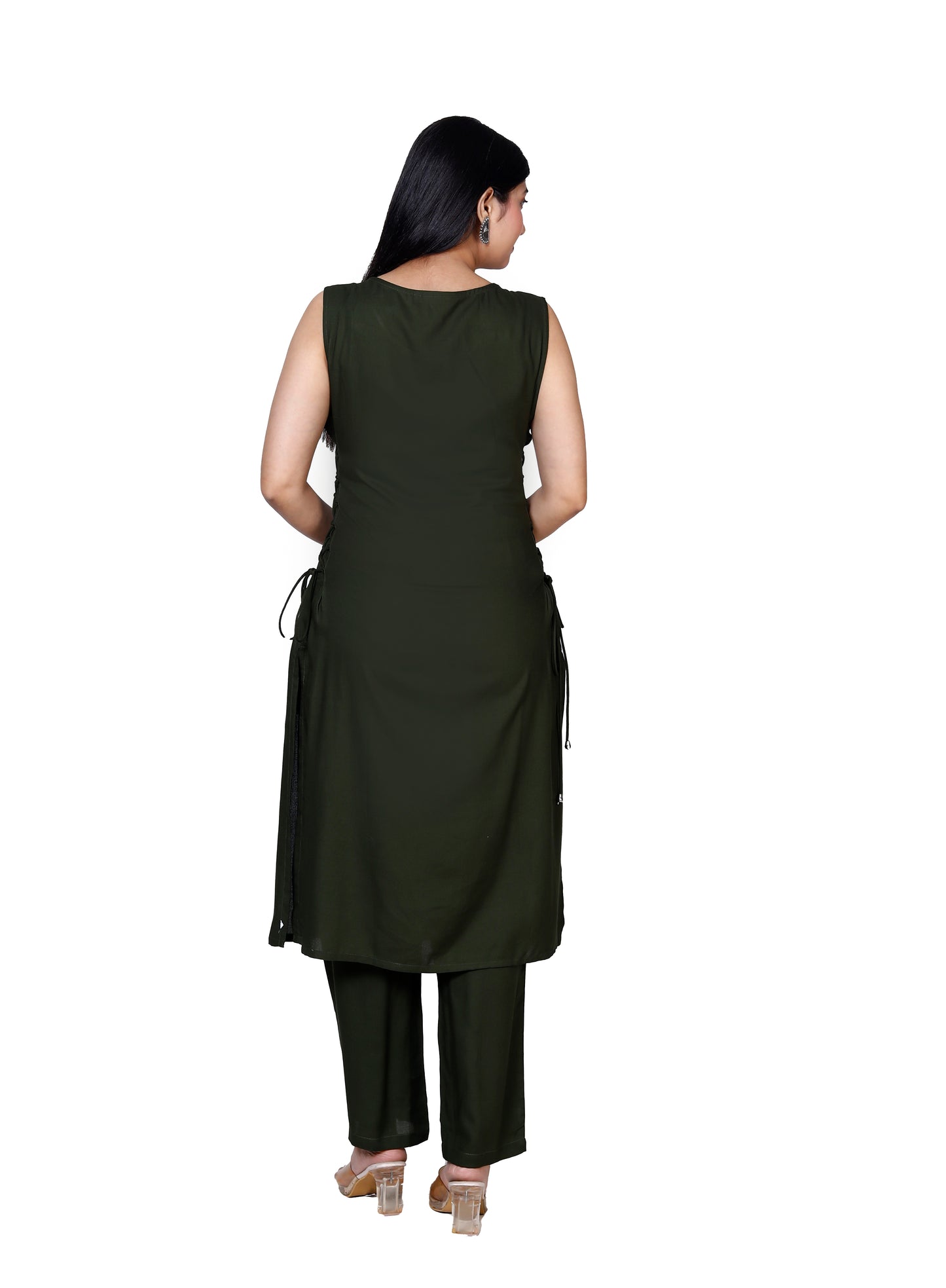 Olive Green Sleeveless Embroidered Kurta with Bottom Set - Sakura