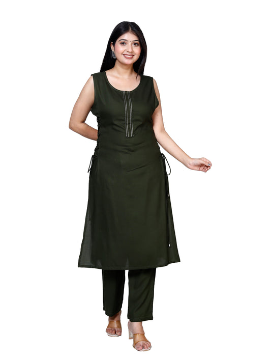 Olive Green Sleeveless Embroidered Kurta with Bottom Set - Sakura