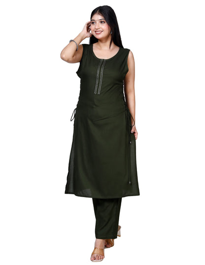 Olive Green Sleeveless Embroidered Kurta with Bottom Set - Sakura