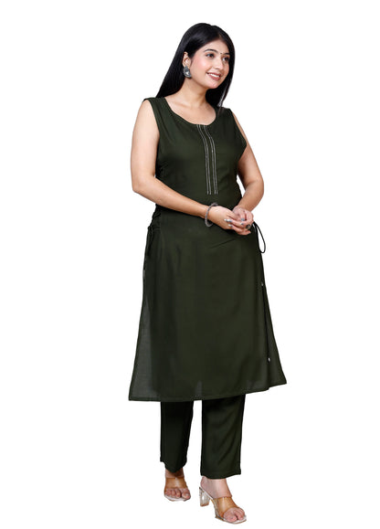 Olive Green Sleeveless Embroidered Kurta with Bottom Set - Sakura