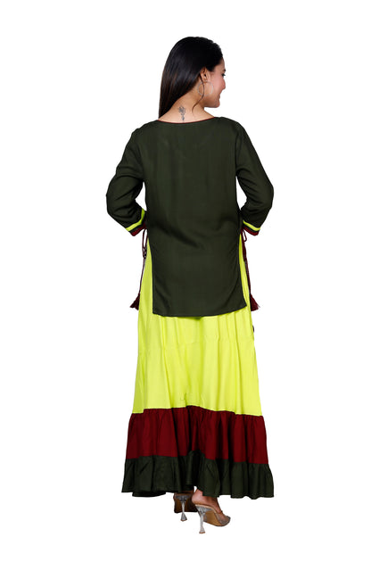 Two-Piece Olive Green & Yellow Anarkali Set - Sakura