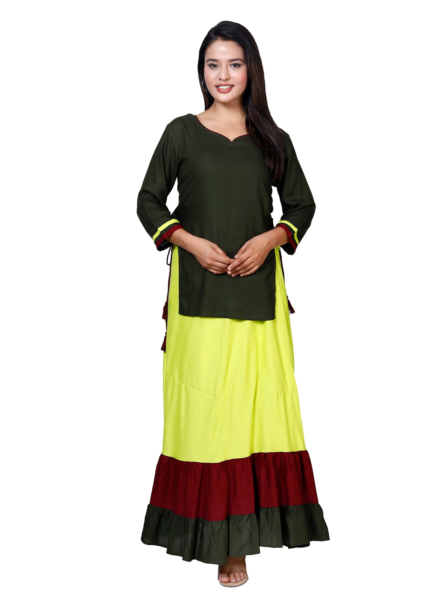 Two-Piece Olive Green & Yellow Anarkali Set - Sakura