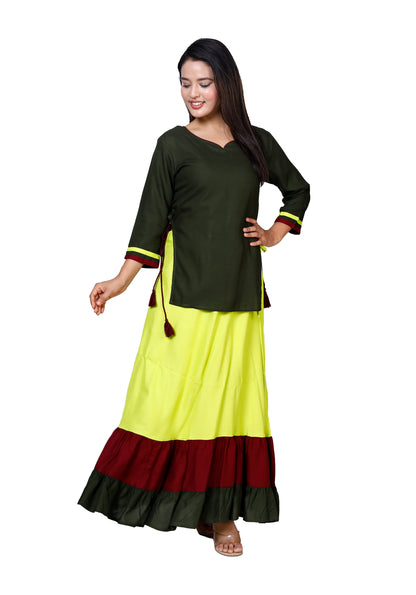 Two-Piece Olive Green & Yellow Anarkali Set - Sakura