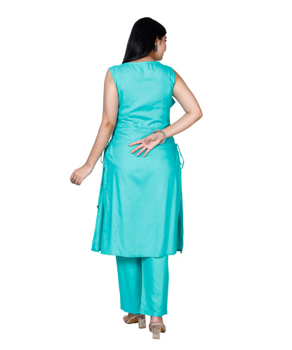 Sea Green Sleeveless Embroidered Kurta with Bottom Set - Sakura