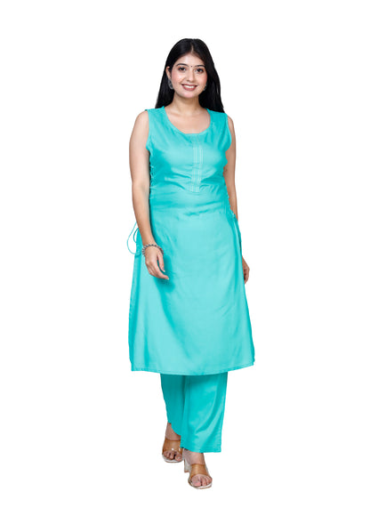 Sea Green Sleeveless Embroidered Kurta with Bottom Set - Sakura