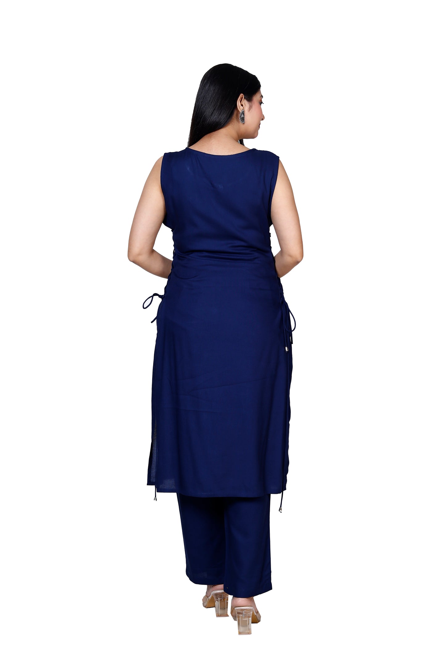 Navy Blue Sleeveless Embroidered Kurta with Bottom Set - Sakura