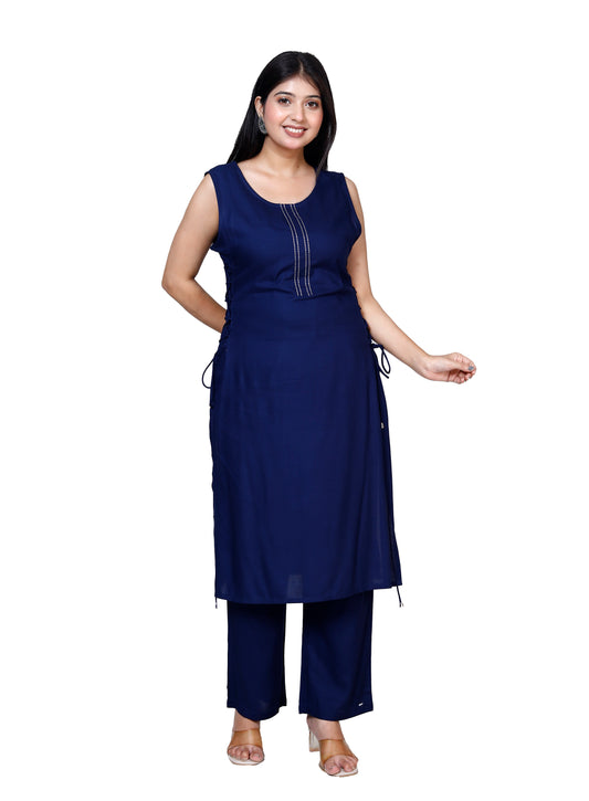 Navy Blue Sleeveless Embroidered Kurta with Bottom Set - Sakura