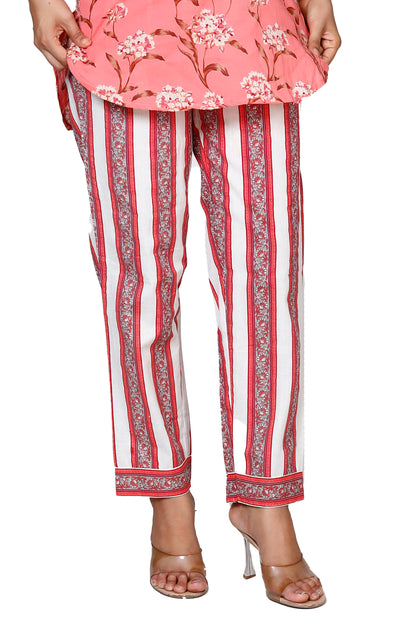 Sakura Women's Beige and Red Striped Cotton Palazzo Pants with Pockets and Half Elasticated Back