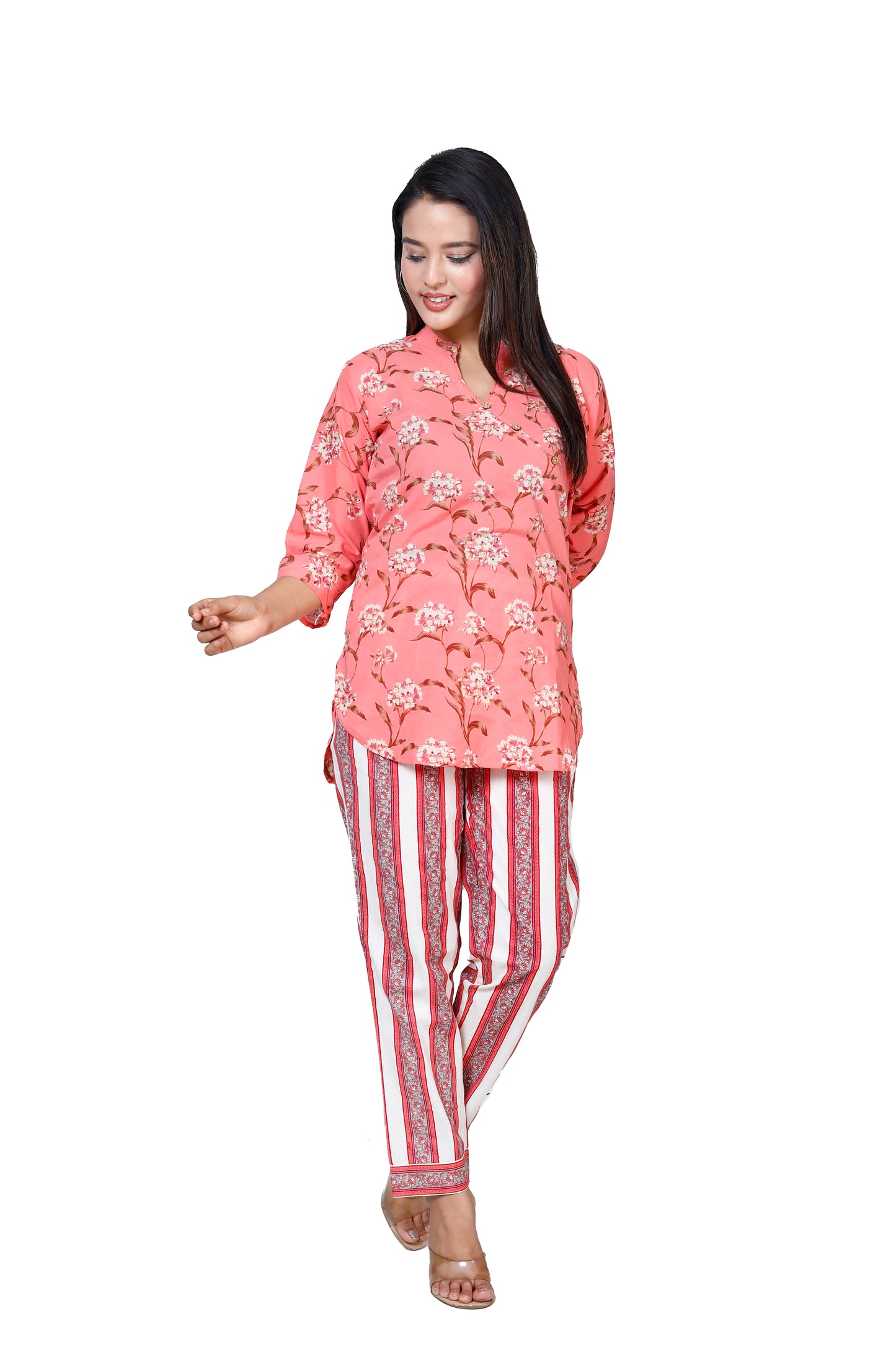 Sakura Women's Beige and Red Striped Cotton Palazzo Pants with Pockets and Half Elasticated Back