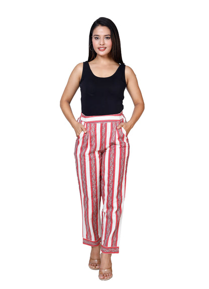 Sakura Women's Beige and Red Striped Cotton Palazzo Pants with Pockets and Half Elasticated Back