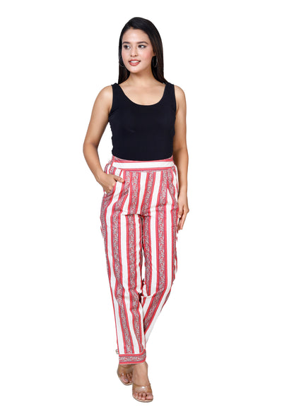 Sakura Women's Beige and Red Striped Cotton Palazzo Pants with Pockets and Half Elasticated Back