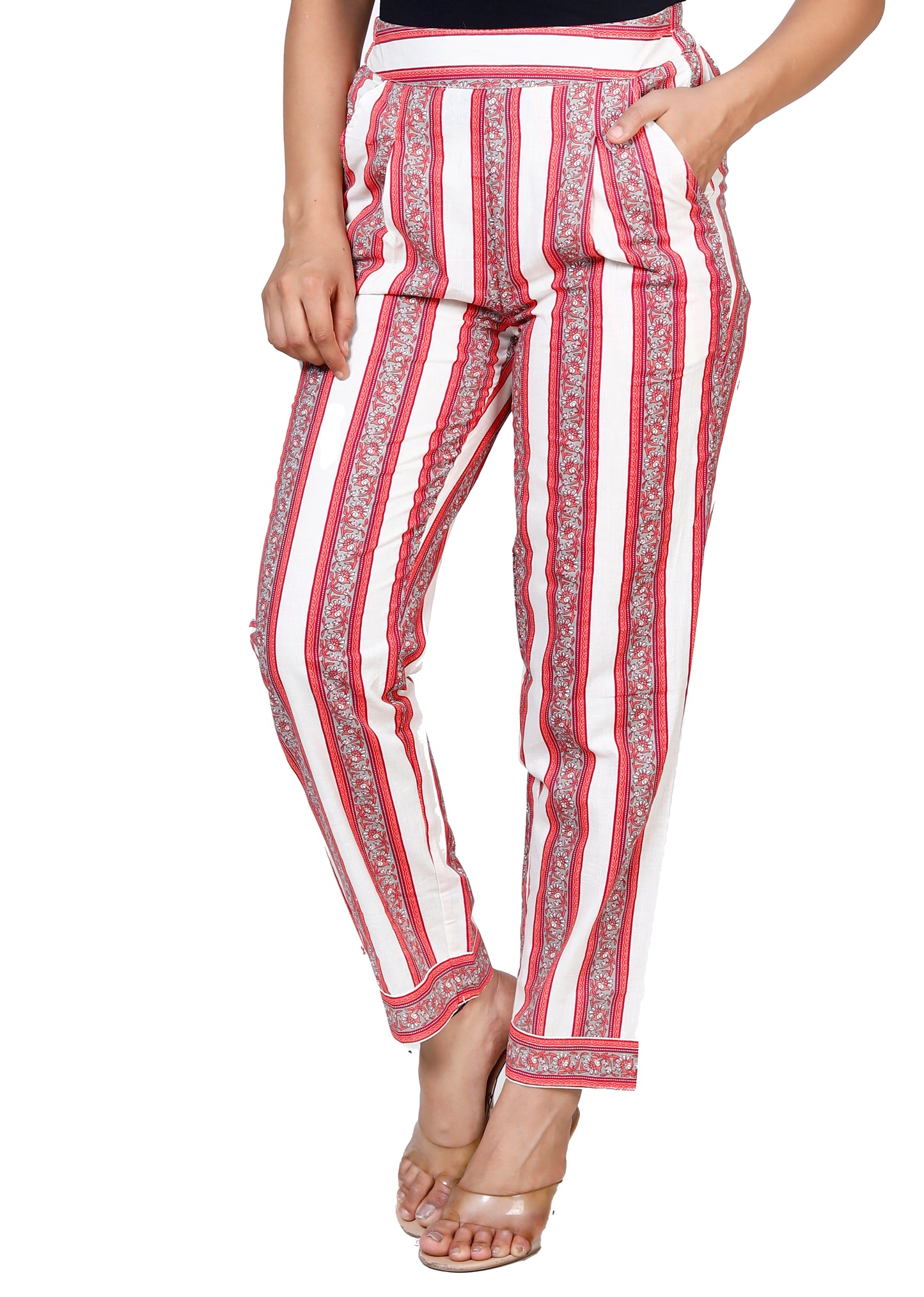 Sakura Women's Beige and Red Striped Cotton Palazzo Pants with Pockets and Half Elasticated Back